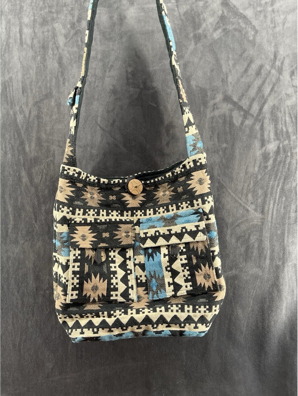 Tribe Azure Black Beige Blue Geometric Tribal Shoulder Bag Button Accent Pockets